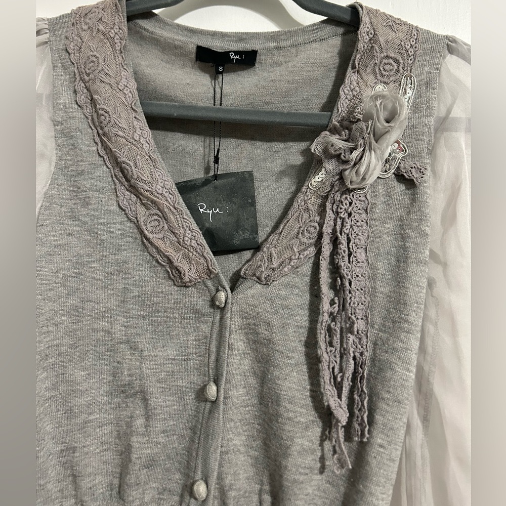 Ryu Grey Lace-Trim Cardigan with Floral Accent
